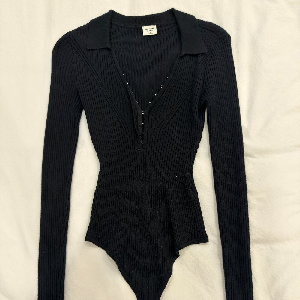 Abercrombie & Fitch Ribbed Collared Black Hook and Eye Bodysuit